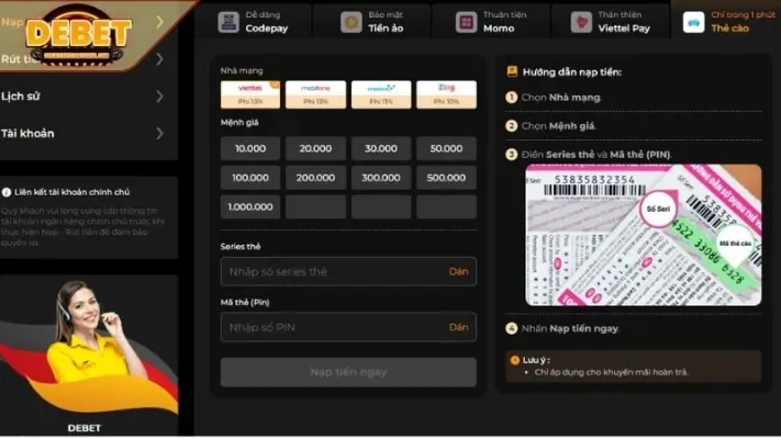 Nạp tiền DEBET bằng thẻ cào